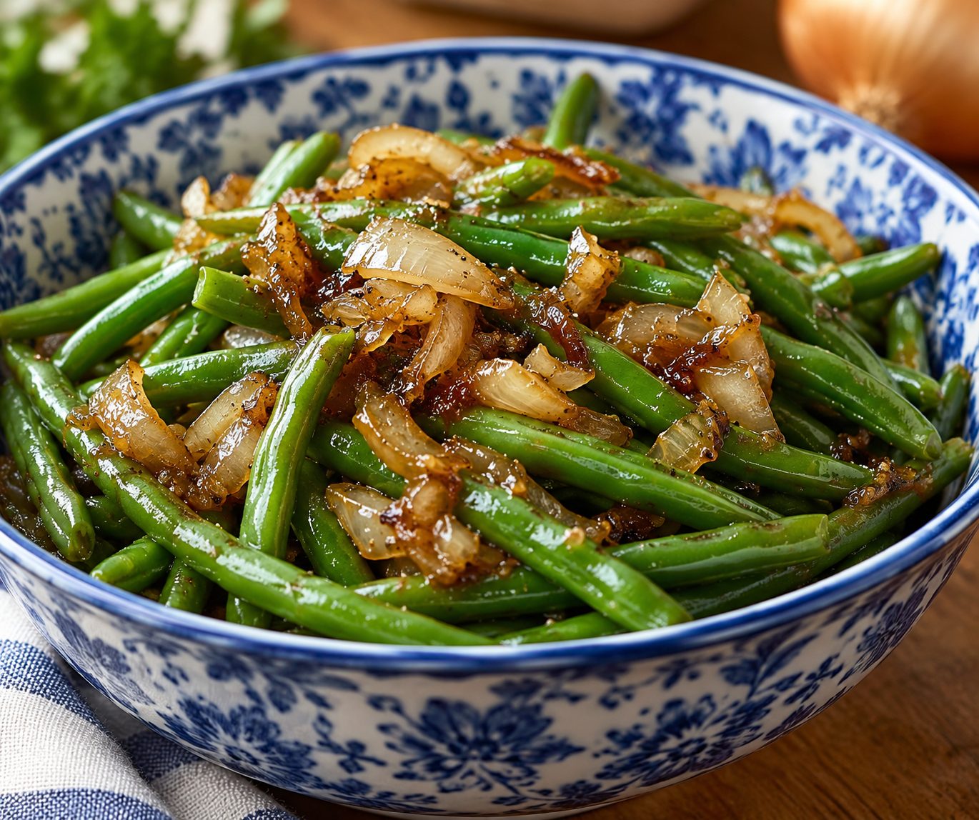 Fresh Green Beans with Roasted Onion Sauce